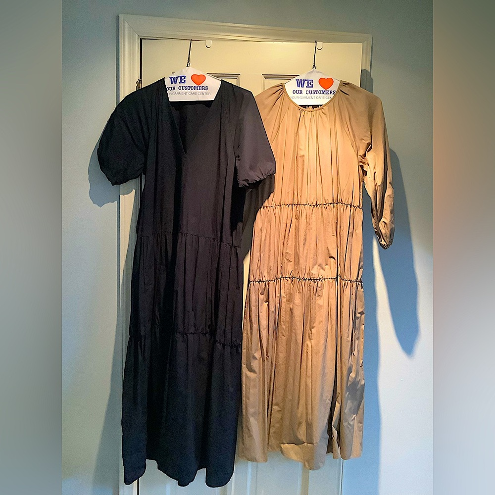 Zara tan dress and Cos navy dress